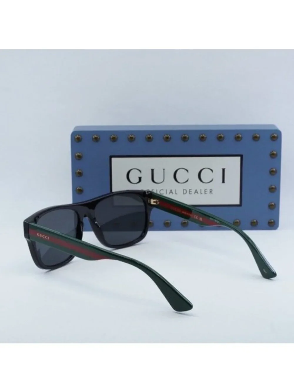 Gucci GG0341S 001 Square Sunglasses - Black and Green with Red Stripe\Grey